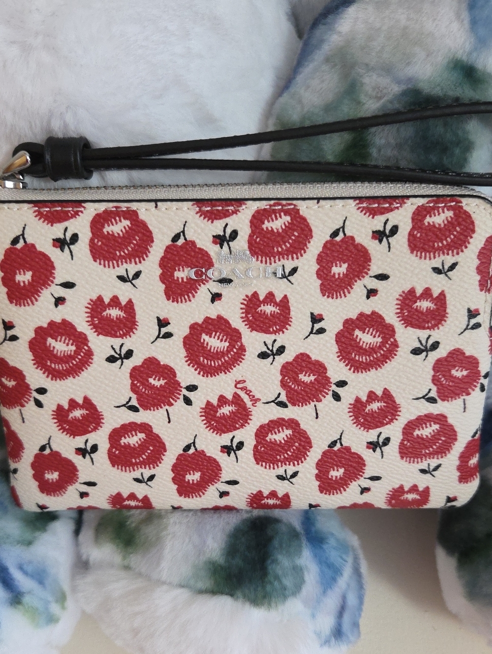 NWT Coach Floral Wristlet in Cream and Red with Black Accents